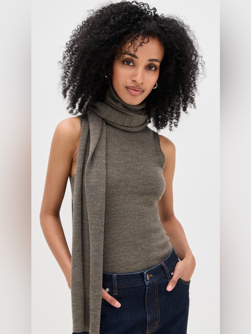 NWT Staud Canal Top in Truffle Brown XL Wool Detachable Scarf Mock Neck $325